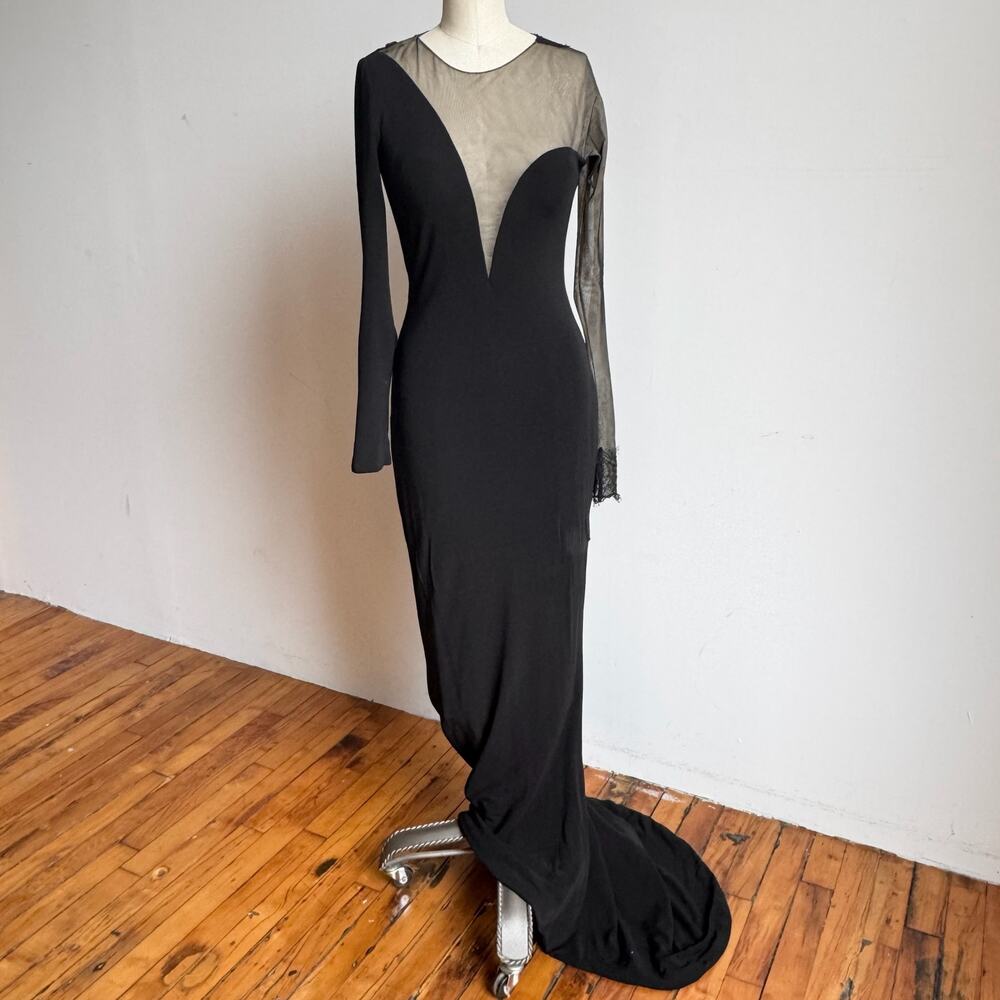 Black Asymmetric Mesh & Lace Evening Gown - Picture 4 of 16